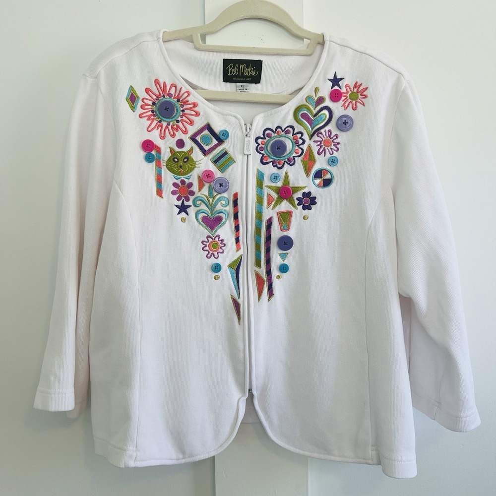 Women's Bob Mackie Wearable Art Zip Jacket, 3/4 Sleeves, Colorful, Cotton, Sz XL - Picture 4 of 10